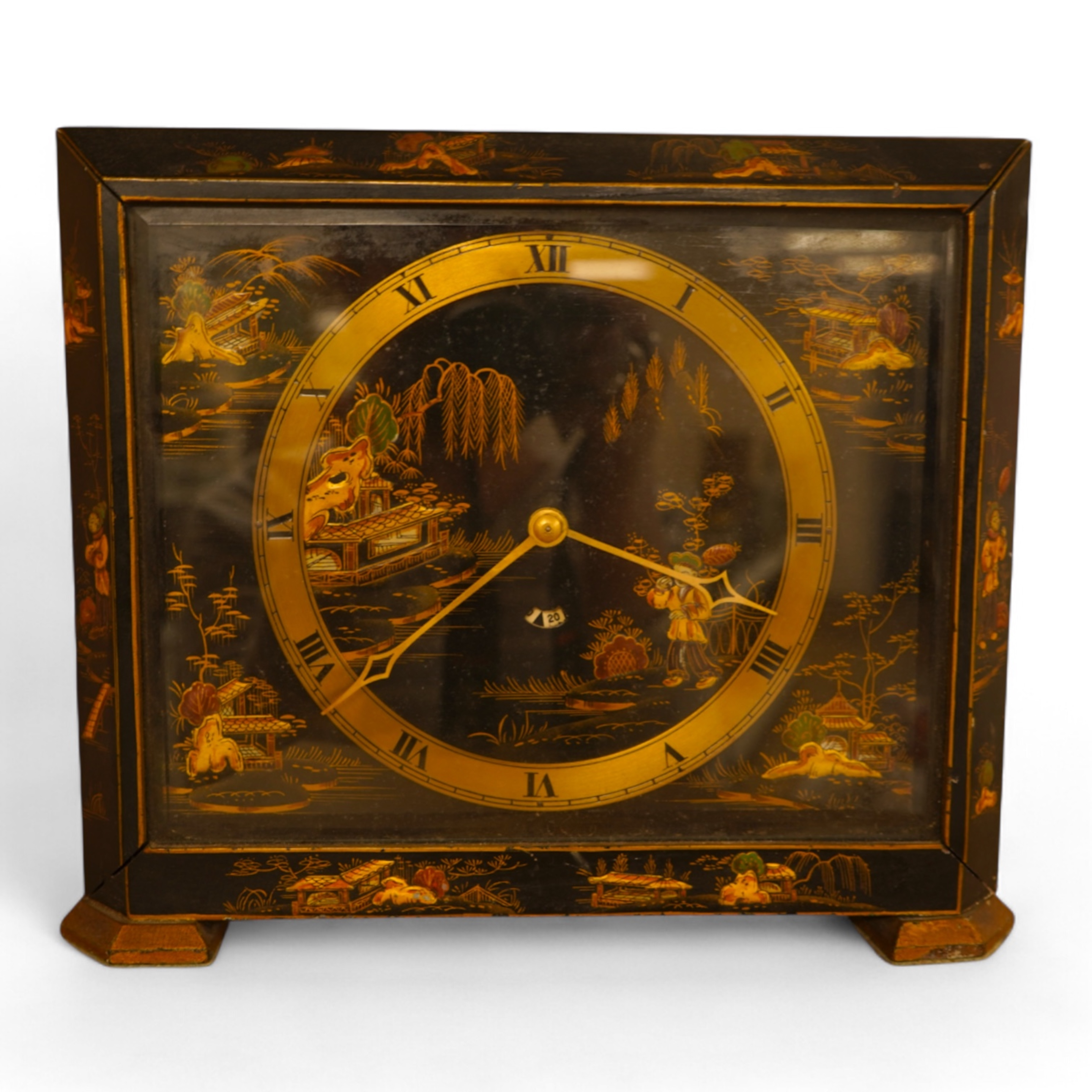 A Smith's electric chinoiserie lacquered mantel clock, 28cm wide